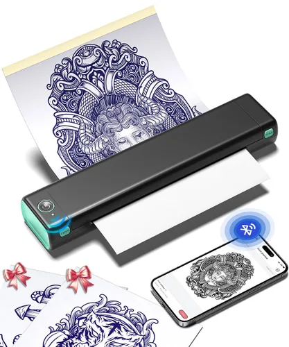 Vista 2 de Phomemo Impresora de plantillas de tatuajes, M08F Impresora térmica inalámbrica de tatuaje con 10 piezas de papel de transferencia, cuidado