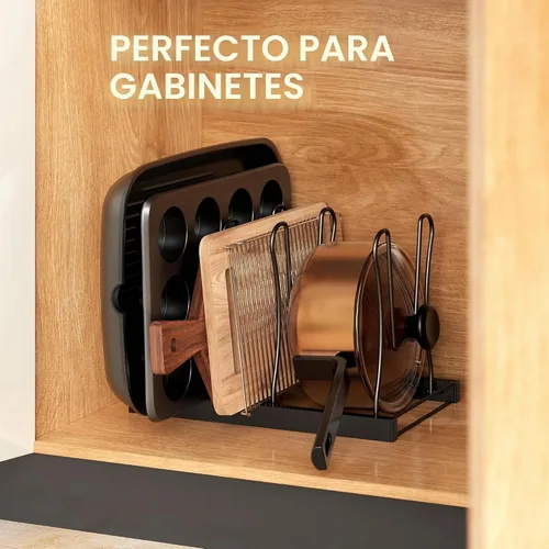 Vista 7 de SIMPLE HOUSEWARE Organizador de sartenes de altura ajustable con 5 compartimentos, color negro