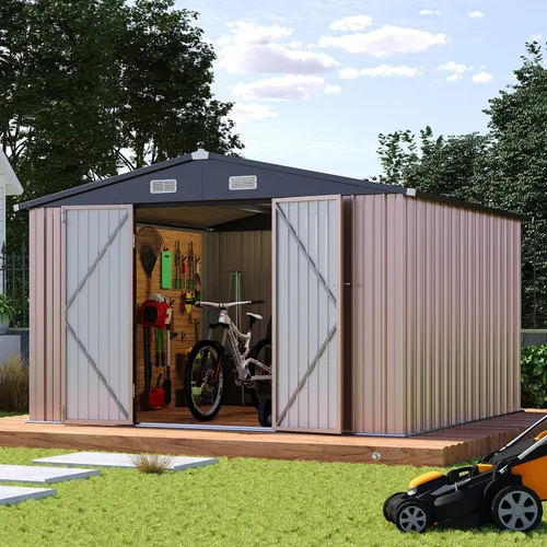 Vista 9 de Cobertizo de almacenamiento de metal negro de 10 x 10 pies, cobertizo de herramientas duradero para exteriores con construcción de acero resistente