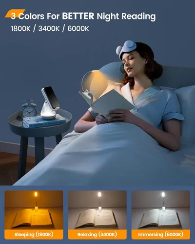Vista 3 de Glocusent Willow Book Light, 10 LED, 3 colores y 3 niveles de brillo, recargable, ligero, con clip, diseño moderno, blanco puro, material ABS