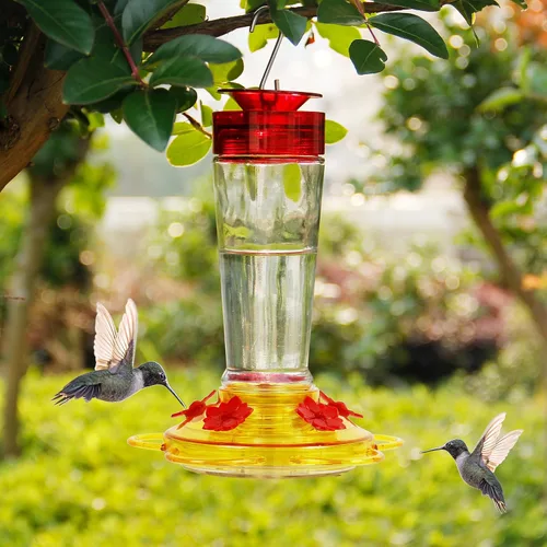 Vista 6 de Shrdaepe Comedero para colibríes, comedero para pájaros con botella de vidrio, 5 puertos de alimentación (rojo y amarillo)
