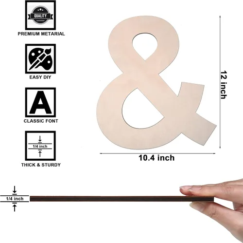 Vista 2 de Símbolo de madera de 12 pulgadas &, letra grande de madera sin terminar de 1/4 de pulgada de grosor para manualidades de bricolaje, decoración