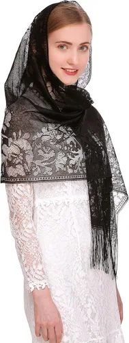 Vista 5 de PAMOR Bufanda de velo de capilla, velos de mantilla, chal rectangular con ribete de flecos