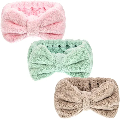 Vista 12 de Hicarer Diadema de toalla de 3 piezas para mujer, para maquillaje, spa, para lavarse la cara y la ducha (beige)