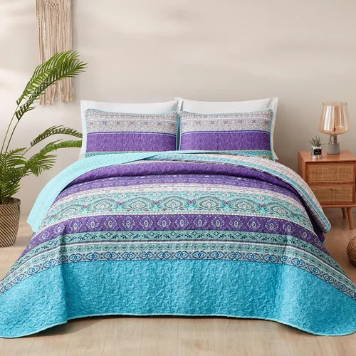 Xruibed Juego de edredón bohemio tamaño Queen, color morado y verde azulado, colcha bohemia de 3 piezas de microfibra suave y ligera con 2 fundas de