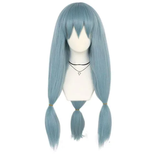 Vista 2 de ANOGOL Gorra de pelo pelucas azules con flequillo peluca larga y recta con 3 colas de caballo peinados de flecos para anime cosplay peluca