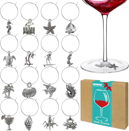 16 dijes de copa de vino, dijes de vino para copas de tallo, etiquetas de marcadores de copa de vino, regalos de fiesta de cata de vino, suministros