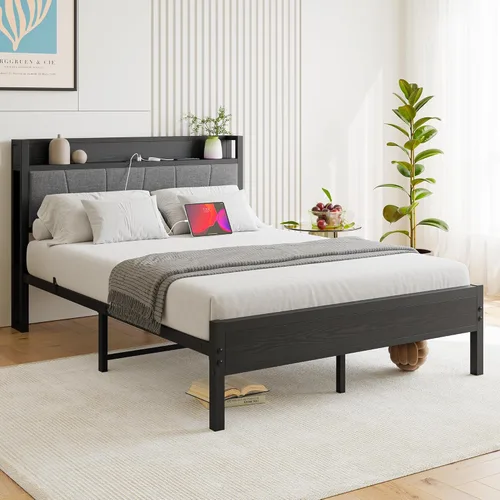 Vista 21 de BOFENG Base de cama de tamaño matrimonial con cabecera de almacenamiento, estación de carga USB, plataforma de metal resistente, marco de cama doble