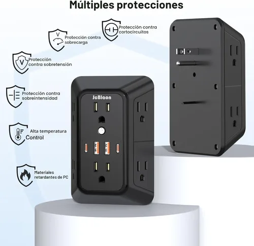 Vista 7 de JcBlaon Extensor de Enchufe Protector de Sobretensiones - Divisor de 6 Salidas con 4 Puertos USB (2 USB C), Expansor de Enchufes Múltiples Cargador