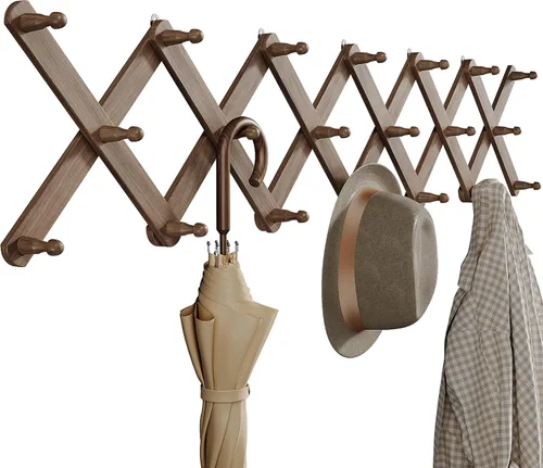 Vista 12 de OROPY Perchero de pared de acordeón de madera, soporte de pared expandible con 14 clavijas, perchero expandible para sombreros para pared