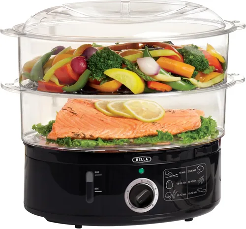 BELLA - Vaporizador de alimentos de dos niveles con canastas apilables y base removible para cocción simultánea rápida - Apagado automático y