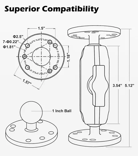 Vista 7 de Soporte de bola doble de aluminio de 1 pulgada con dos placas redondas AMPS, montaje de bola de tamaño B, brazo de doble enchufe con adaptadores
