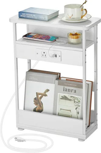 Vista 12 de YEAKOO Mesa auxiliar estrecha con estación de carga, mesa auxiliar de 3 niveles con 2 puertos USB y tomas de corriente, mesa auxiliar delgada