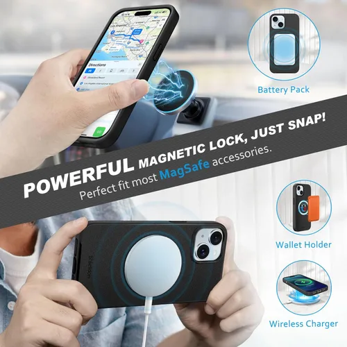 Vista 4 de SHIELDON Funda para iPhone 15 2023, funda de piel auténtica desmontable tipo cartera con función atril, bloqueo RFID, ranuras para tarjetas