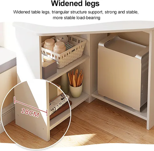 Vista 4 de Escritorio esquinero para espacio pequeño, escritorio de computadora triangular con estantes de almacenamiento y soporte para CPU, mesa de tocador