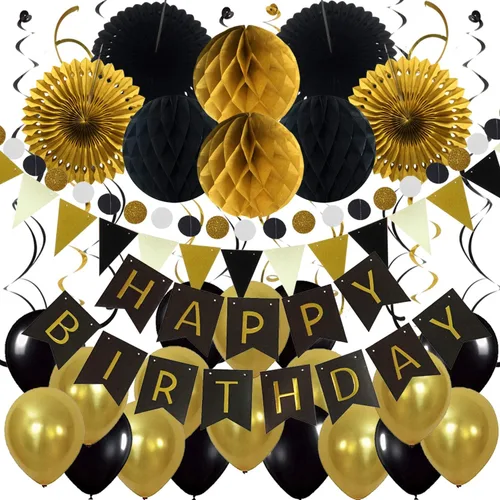ZERODECO Decoración de fiesta de cumpleaños, pancarta de feliz cumpleaños con abanicos de papel, bolas de nido de abeja, banderines triangulares,