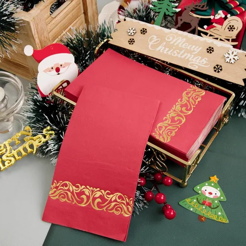 Vista 6 de WDF Paquete de 150 servilletas de papel desechables de Navidad, servilletas de 3 capas rojas con borde dorado, servilletas desechables de alta