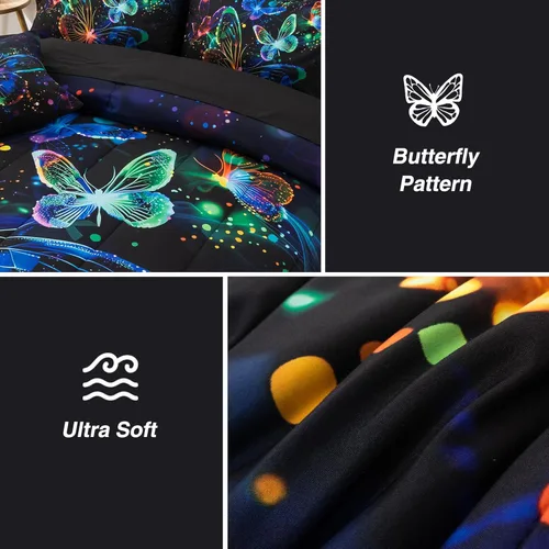 Vista 5 de A Nice Night Juego de ropa de cama con diseño de galaxia, estampado de mariposas 3D volando en el espacio, como mariposas con purpurina, juego