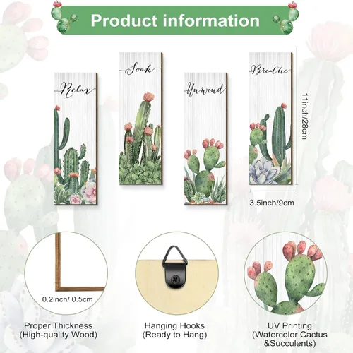 Vista 2 de 4 piezas de letrero de cactus para decoración de pared de baño, relajarse, relajarse, relajarse, respirar, palabras, decoración de pared de cactus
