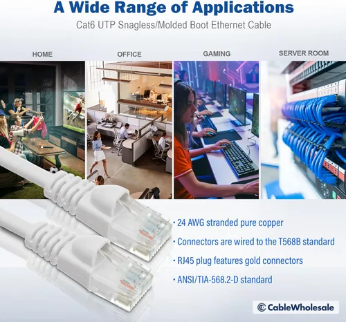 Vista 6 de CableWholesale Cable Ethernet Cat6, 24AWG, conector de placa dorada RJ45, 4 pares de cobre trenzado, par trenzado sin blindaje (UTP), cable de Blanco