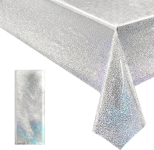 Vista 34 de 2 manteles plateados holográficos brillantes con láser de disco, manteles de plástico iridiscente de 40" x 108", funda de mesa blanca