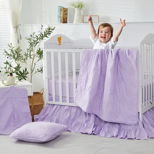 Vista 5 de Brandream Edredón para cuna 100% algodón con bordado de elefante, reversible, suave, manta de ropa de cama para bebé, 45 x 36 pulgadas, morado