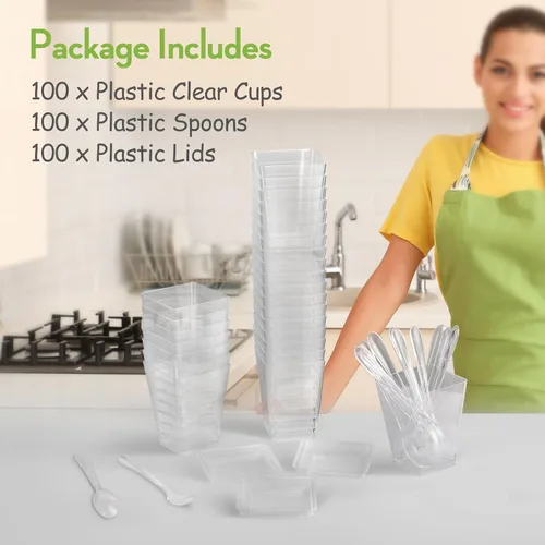 Vista 3 de Paquete de 100 Vasos de Postre de Plástico de 5 oz con Tapas y Cucharas, Vasos de Parfait de Yogur y Aperitivos para Fiestas, Mini Vasos de Postre