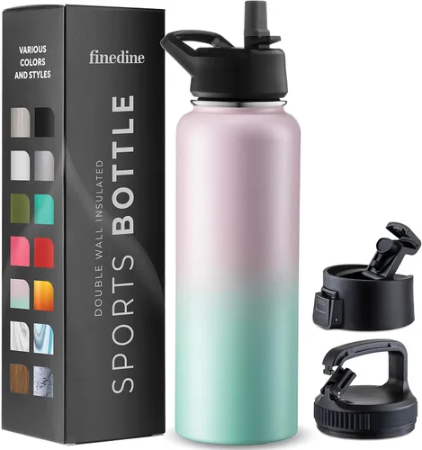 Vista 24 de FineDine Botellas de agua aisladas de triple pared con popote, botella de metal de acero inoxidable de 25 onzas con 3 tapas a prueba de fugas