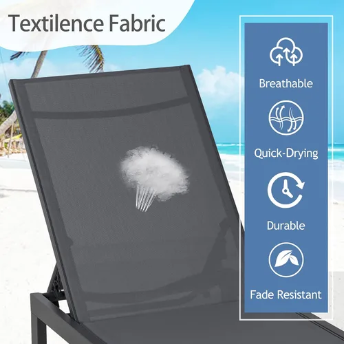 Vista 7 de QAQA - 2 tumbonas para exteriores con ruedas, silla de aluminio para patio con 5 posiciones ajustables para piscina, playa, patio, gris oscuro