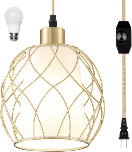 Vista 9 de Cinkeda - Lámpara colgante enchufable, luces colgantes negras estilo granja con pantalla de lino, cable de algodón dorado de 15 pies, lámpara