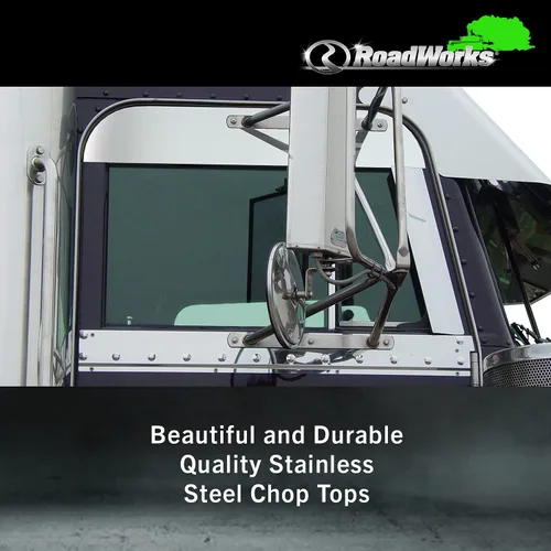 Vista 3 de RoadWorks 30436 - Tapas de acero inoxidable de 5 pulgadas para ventanas de cabina Peterbilt 1973-2004, acabado pulido