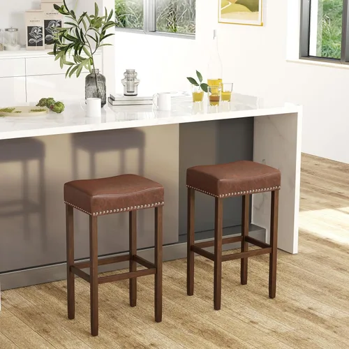 Vista 18 de Giantex Juego de 2 taburetes de bar de 24 pulgadas en forma de silla de montar, taburetes de cuero sintético con reposapiés, taburetes de bar