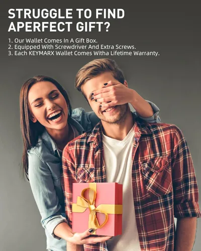 Vista 7 de KEYMARX Cartera de metal para hombre, cartera minimalista con tarjetero de identificación transparente, delgada, bloqueo RFID, bolsillo frontal