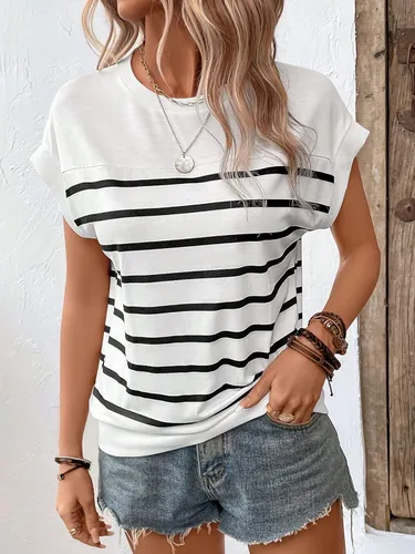 Vista 5 de Floerns Camiseta casual de manga casquillo con cuello redondo y estampado de rayas para mujer