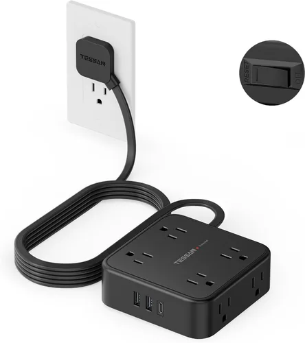 Vista 25 de Tessan Enchufe multi para sobretensión, 900 J, cable plano ultrafino, 15 ft, 8 tomacorrientes, 3 cargadores USB (1 USB C), estación carga para casa