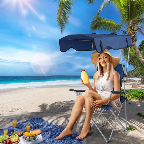Vista 20 de TeqHome Silla de playa con sombrilla y toldo para pesca, con protección UPF 50+, ajustable, resistente, plegable, portátil, para acampar