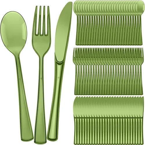 Vista 7 de Minatee Juego de 150 piezas de cubiertos desechables de plástico, cubiertos de plata resistentes, juego de utensilios 50 tenedores, 50 cuchillos, 50