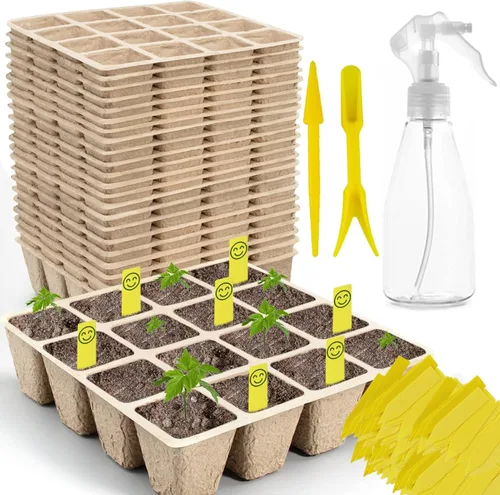 Vista 10 de Bandejas de inicio de plántulas de 200 celdas con agujeros de drenaje, 20 macetas de turba biodegradables, kit de inicio de plántulas, bandejas