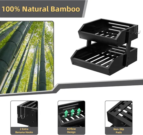 Vista 6 de Cesta de frutas de bambú de 2 niveles para encimera de cocina, gran capacidad de almacenamiento de frutas en la encimera, soporte de frutas