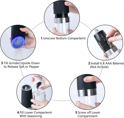 Vista 6 de Juego de molinillo eléctrico de sal y pimienta, sensor de gravedad, molinillo de pimienta automático, operación con una mano, funciona