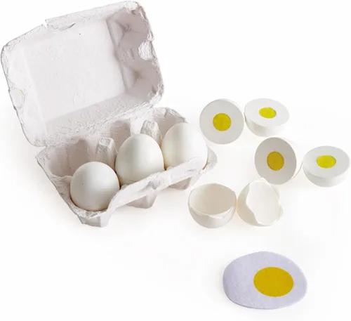 Hape Egg Carton | 3 Hard-Boiled Eggs with Easy-Peel Shell & 3 Fried, Wooden Realistic Educational Toy for Children 3+, White and Yellow (E3156)
