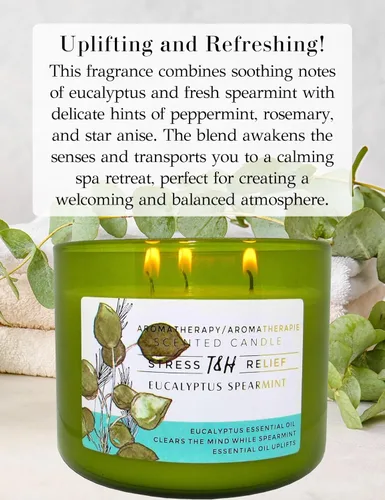 Vista 2 de Vela perfumada de eucalipto de menta verde Vela de soja grande de 3 mechas de 15.8 onzas Vela de aromaterapia calmante para el hogar Aroma