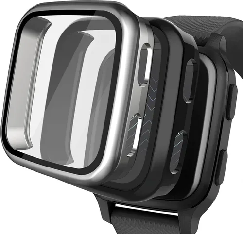 Vista 11 de Paquete de 2 fundas compatibles con protector de pantalla Garmin Venu Sq con vidrio templado 9H, carcasa rígida de policarbonato antiarañazos