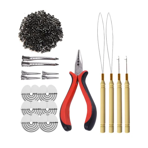 Vista 7 de Alicates de pelo de tres agujeros + aguja de gancho micro tirador + aguja enhebradora de bucle para extensiones de cabello