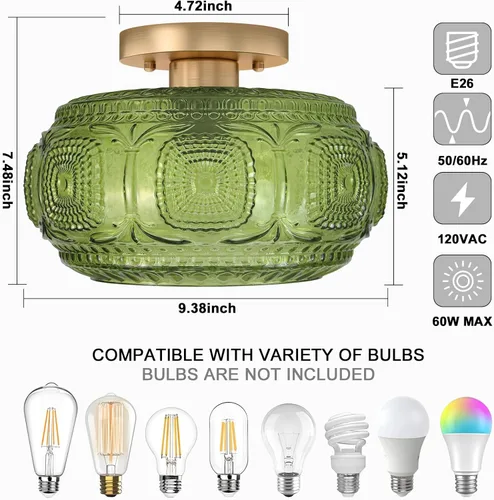 Vista 3 de Lámpara de techo de montaje semiempotrado, lámpara de techo de vidrio globo verde, accesorios de iluminación de cocina Art Deco para techo