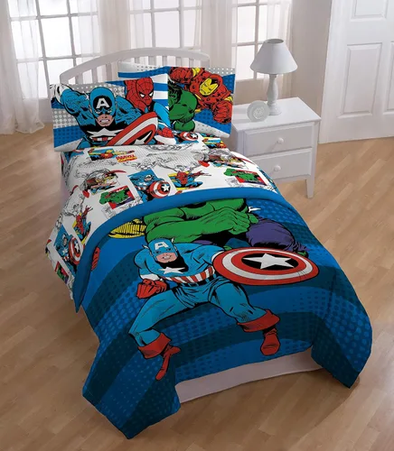 Vista 2 de Jay Franco Marvel Comics Avengers Good Guys - Juego de ropa de cama individual de 4 piezas, color azul