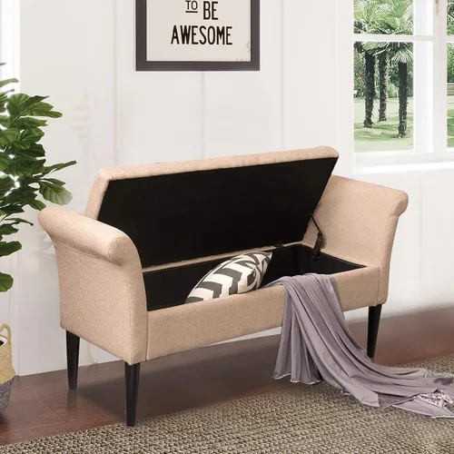 Vista 4 de Awonde Banco otomano de almacenamiento con brazos, tapizado de lino, bancos de almacenamiento para dormitorio, entrada, sala de estar, color marrón