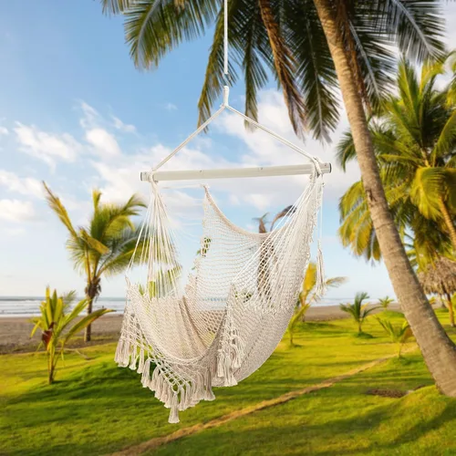 Vista 2 de Silla Hamaca, Máximo 330 Libras, Silla Colgante Grande, Silla Columpio de Cuerda de Algodón Suave con Varilla de Metal de Alta Capacidad de Carga
