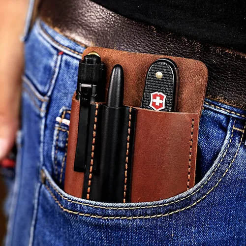 Vista 6 de EASYANT - Organizador de bolsillo de cuero hecho a mano, funda multiherramienta de accesorios de cuero EDC para hombres