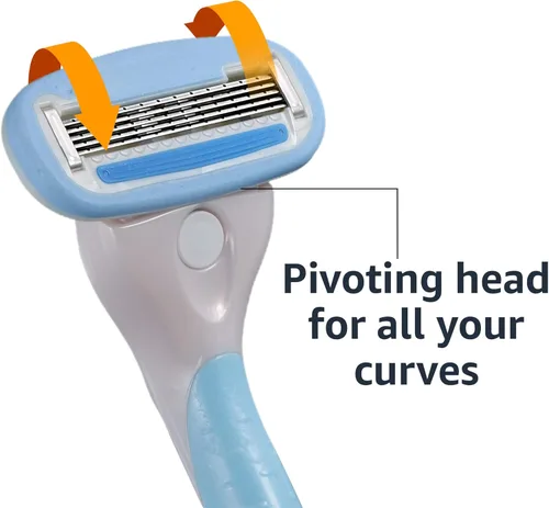 Vista 6 de Yaxa Basics - Mango de navaja de afeitar de cinco hojas para mujer, incluye 12 cartuchos y colgador de ducha, set de 14 piezas, azul